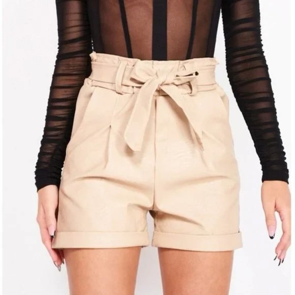 Beige Vegan Leather Faux Leather High Waist Cuffed Paper Bag Waist Shorts - Picture 14 of 17